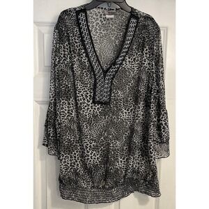 Evolution by JMS Womens Animal Print Top w Chain Sz 1X V Neck Sheer Flare Sleeve